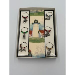 Vintage Nautical Wine Glass Charms Set 6 Cape Cod Lobster Seagull Pewter